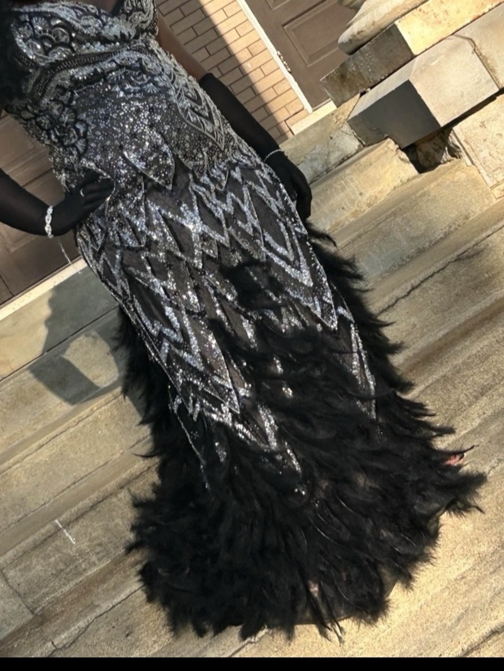 Black & Silver Beaded Feather Dress Size 18 (Side Slit, Worn Once)